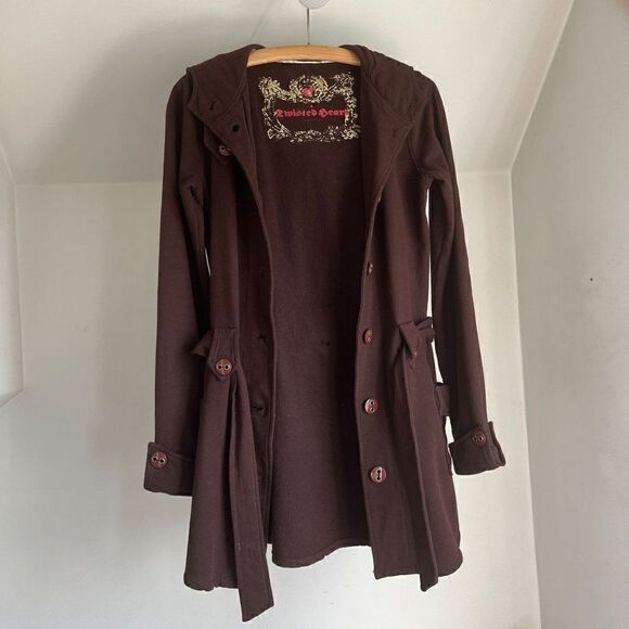 Vintage Y2K Twisted Heart America Button Down Hooded Cardigan Sweater Tie Waist - Picture 5 of 7